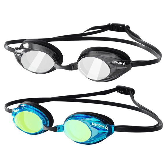Reebok Adult Swimming Goggles Set of 2, UV Anti-Fog Mirrored Lens, Black/Silver, Silicone Strap