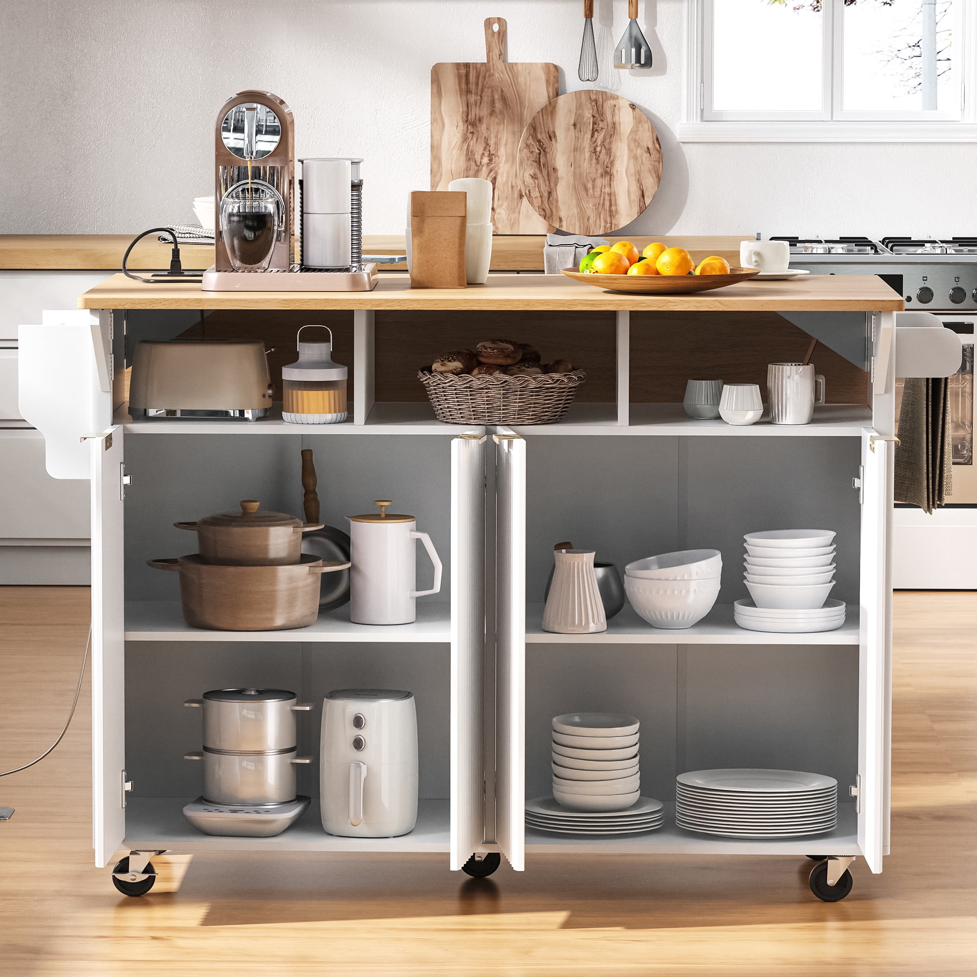 Euroco 55.5" Fluted Kitchen Island with 2 Drop Leaf, Kitchen Storage Cart with Power Outlet, 4 Doors, Spice rack, Rolling Island Table with Wood-grain Top, Curved Edge