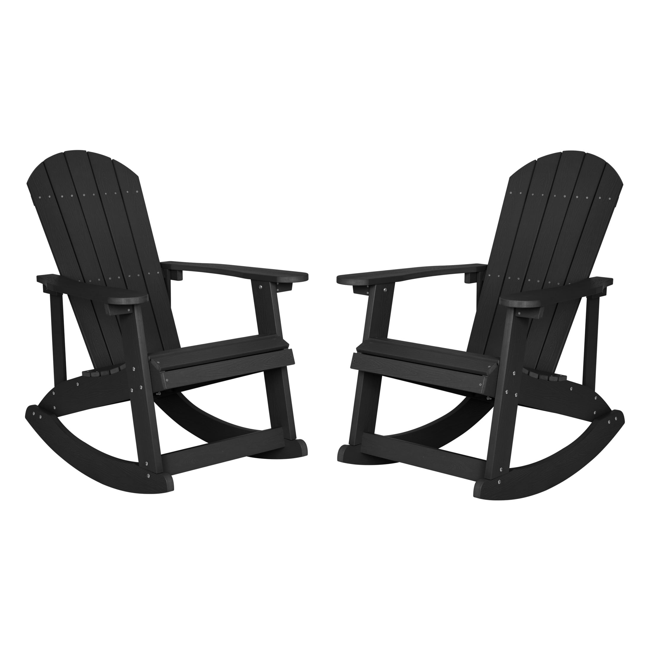 Emma + Oliver Set of 2 Classic All-Weather Poly Resin Rocking Adirondack Chairs in Black with Stainless Steel Hardware for Year Round Use