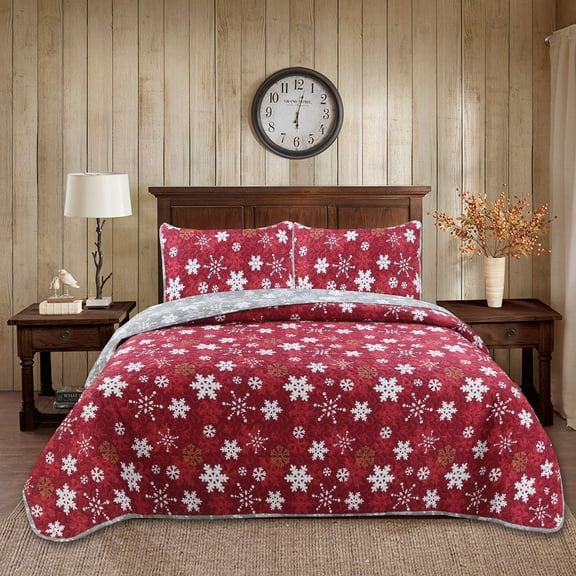 Snowflakes Red/Grey 3-piece Quilt Set Full/Queen