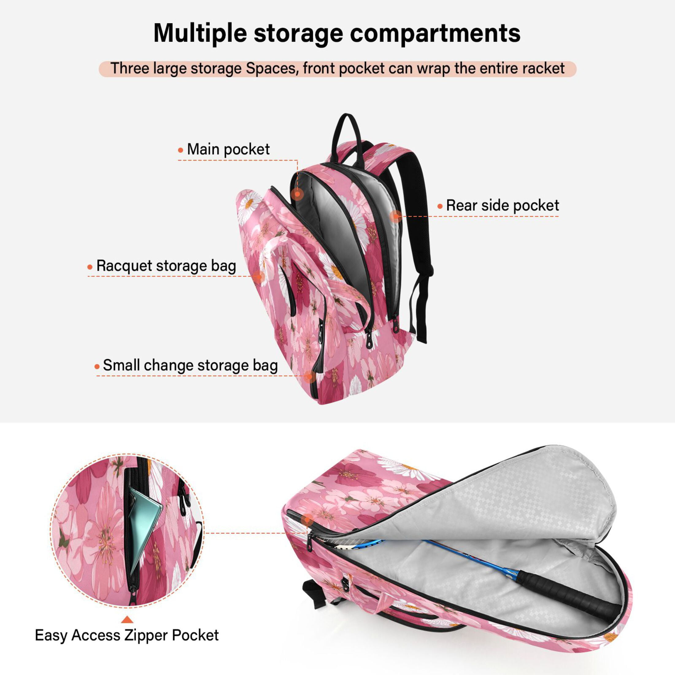 2 Racquet Holder Tennis Backpack Tennis Racket Covers Gym Bags Blooming Cherry Blossoms