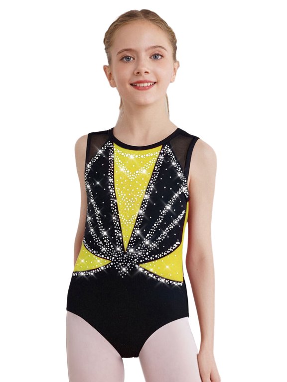 Kids Ballet Dance Ice Skating Gymnastics Leotard Rhinestones Crisscross Back Color Block Yellow 6