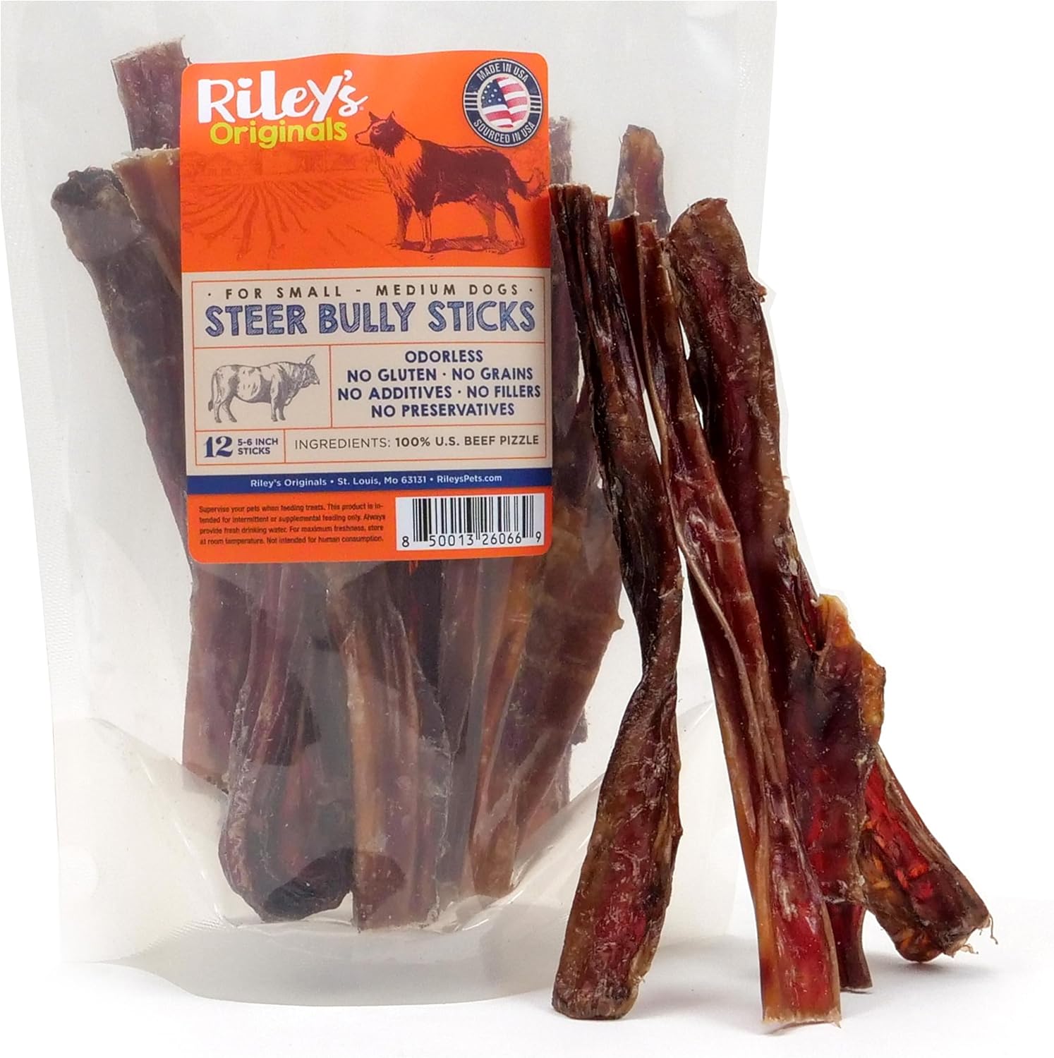 Riley's Steer Bully Sticks for Small to Medium Dogs - Odor Free Bully Sticks for Small Dogs - Single Ingredient Dog Treat - Gluten-Free, 100% Beef Pizzle Sticks for Dogs - 5-6", 12ct