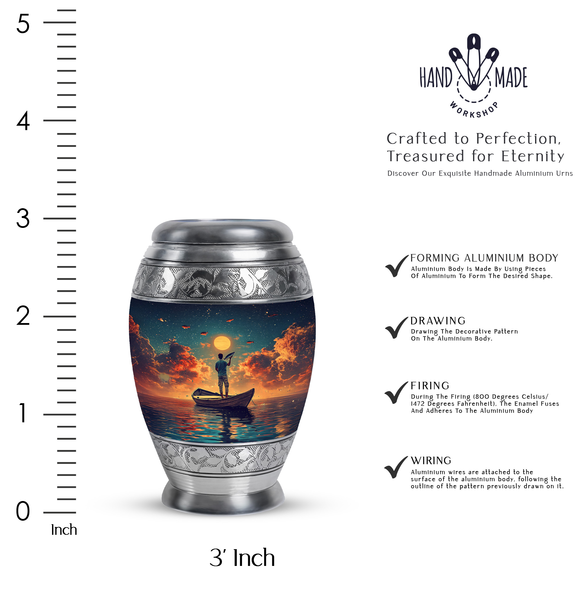 JAGASY Fishing Urn for Mother - Dark Green Small Urn for Ashes Adult Male & Female - Sunset Water Boat Decorative Urns - Memorial Cremation Urns for Father - (3 Inch)