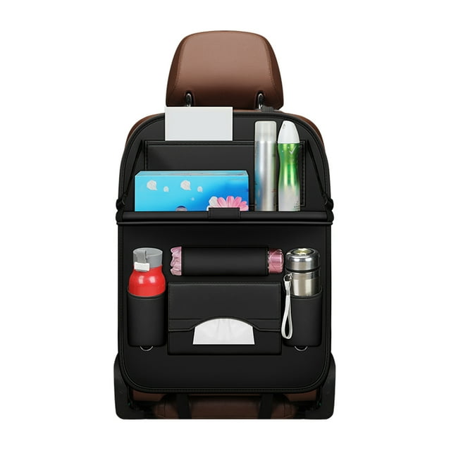 Yeacher Car Seat Organizer, Car Organizer Back Seat Protector PU Leather Car Storage Organizer with Foldable Table Tray, Tablet Holder, Tissue Box, Multi Pockets (Black 1Piece)