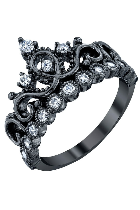 Sterling Silver Princess Crown Ring (Black Rhodium Plated)