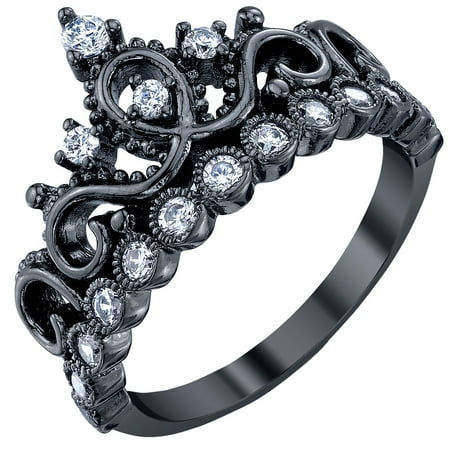 Black White Enamel Rhodium Ring - Sterling Silver Princess Crown Ring (Black Rhodium Plated)