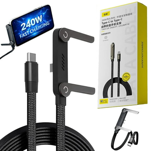 240w Super Fast Charging Invisible Holder Charger Cable with Stand,2-in-1 Braided Charging Cable,Built-In Phone Stand,Multi-function Foldable 90° USB-C High-Speed Charge Cord,5ft
