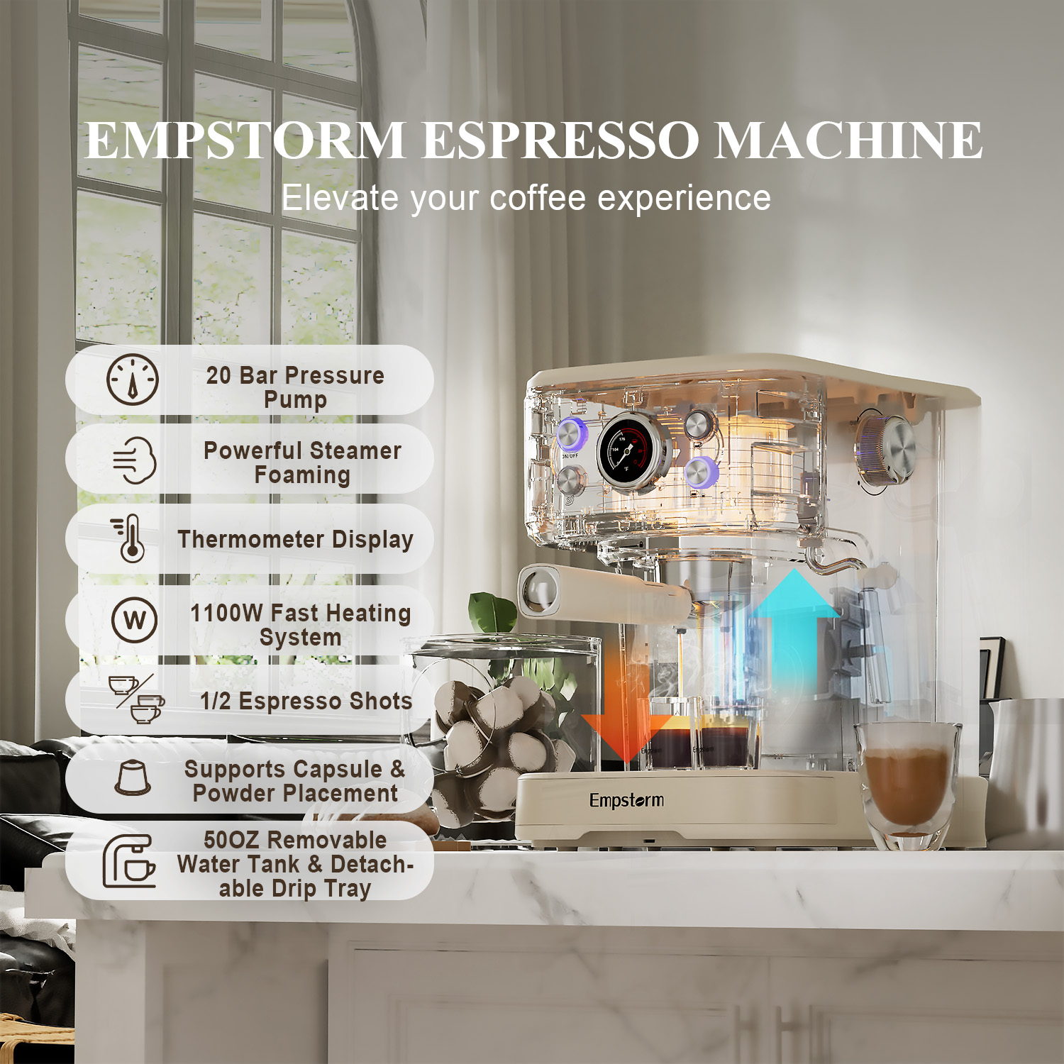 Empstorm 20 Bar Espresso Machine with Milk Frother Steam Wand, 3-in-1 Coffee Maker, Compatible with NS Pods, Stainless Steel, for Latte & Cappuccino, Beige