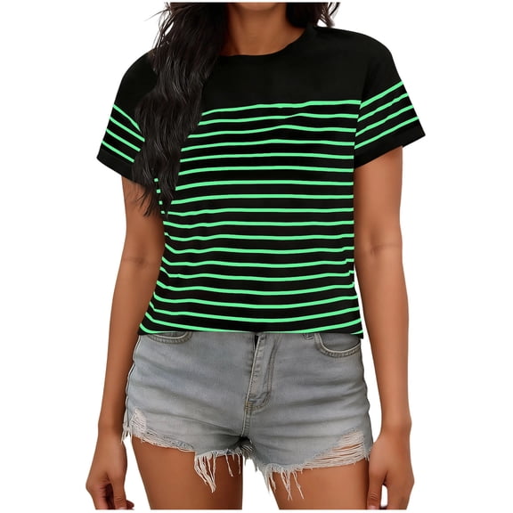 Erwazi Women's Trendy Striped Print T-Shirt Crew Neck Short Sleeve Casual Tee Top