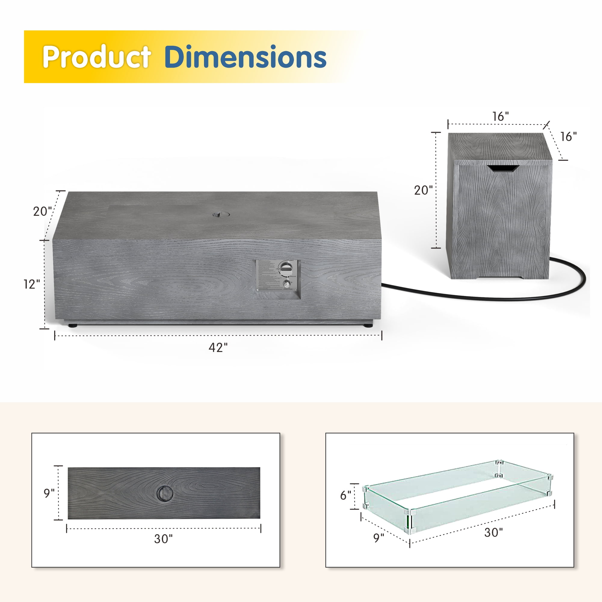 42 in. Retangular Coating Steel Propane Firepit Table, 50,000 BTU Gas Fire Pit Table in Gray Wood Grain