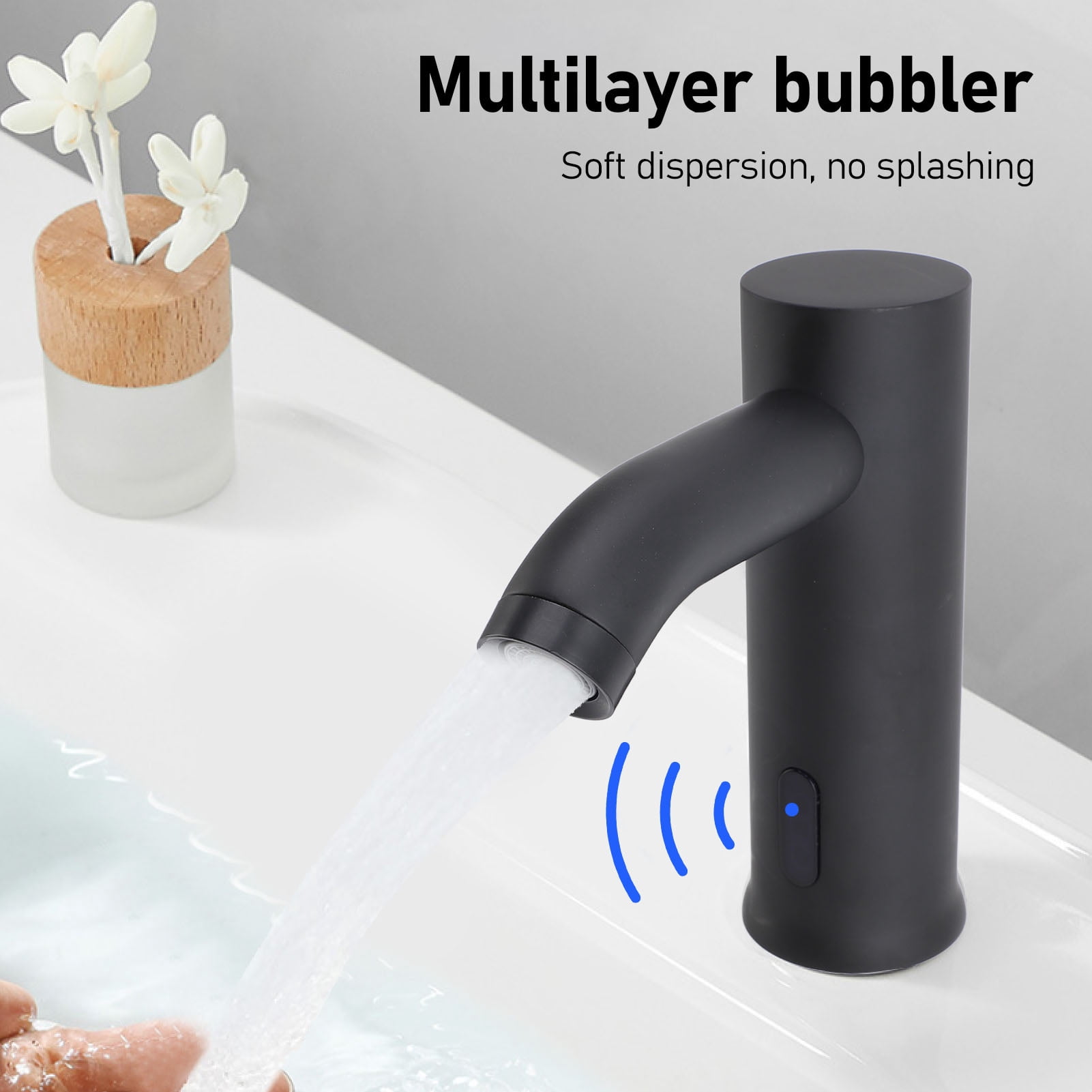 Riousery Black Touchless Bathroom Sink Faucet, Automatic Motion Sensor, Battery Powered, Stainless Steel Constructed Washroom Tap, 5.7 x 6.0 in / 14.5 x 15.2 cm