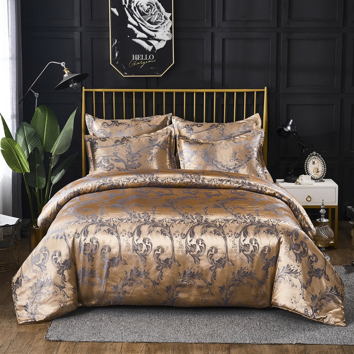 Luxury Silky Jacquard Fabric Duvet Cover & Pillow Shams Bedding Set Single Double Full Queen