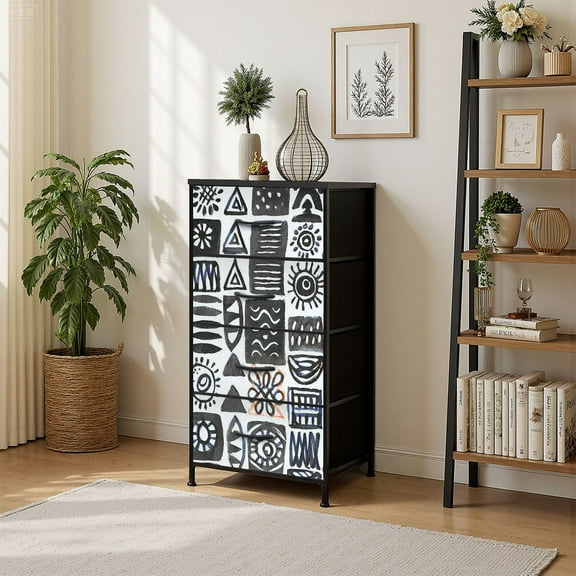 4 Drawer Vertical Storage Dresser Modern drawn with Wood Top Fabric Pull Drawers