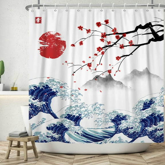 SUNOLIFE Japanese Mountain Shower Curtain Cherry Blossom Waterproof Fabric Bathroom Curtain 72x78 in