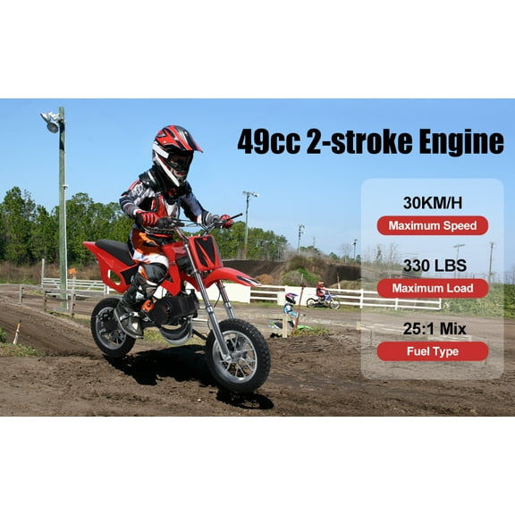 49cc Kids Dirt Bike Gas Powered 2-Stroke Engine, Max Speed 40km/h, Bearing 100kg, Children Pocket Motorbike with Disc Brakes