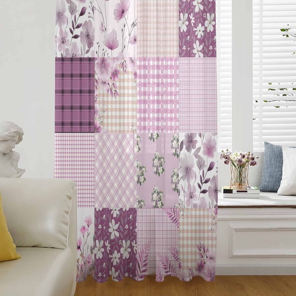 Boho Purple Flowers Sheer Curtains 96 Inches Long for Living Room/Bedroom, Spring Floral Botanical Patchwork Vintage Rod Pocket Voile Kitchen Curtains & Drapes Window Treatment 1 Panel, 52"W x 96"L