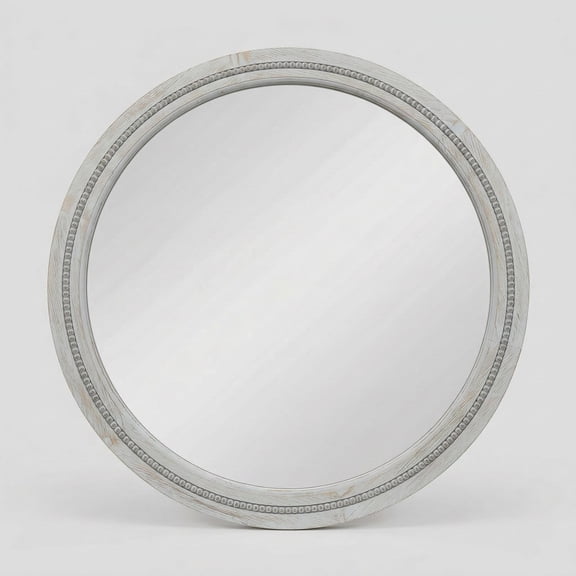 YAURA 30" Round Wood Bathroom Vanity Mirror, Distressed Grey Shatterproof Wall Mirror with Beaded Frame, Industrial & Modern Farmhouse Decor