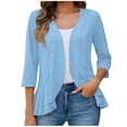 thumbnail image 2 of Women's Ruffle 3/4 Sleeve Cardigan Lightweight Casual Open Front Knitwear for Office Daily Wear Light Blue XXL, 2 of 7