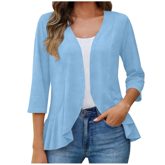 SZJXBUY Cardigan de Mode pour Femmes Chic Décontracté Été Manches 3/4 Cardigans Légers Ouvert Kimono à Volants Drapés Couvre-Maillots Bleu Pâle,S