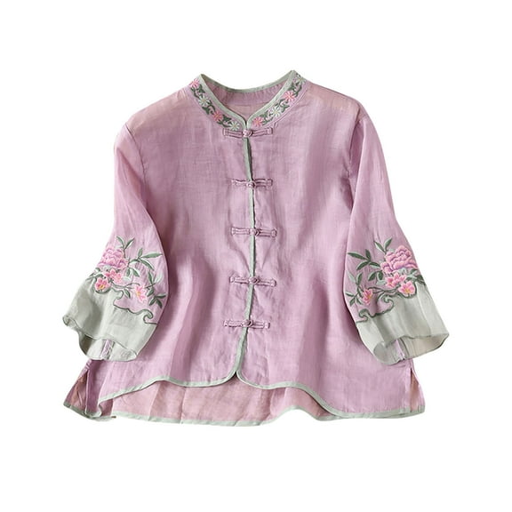 Linen Shirts for Women Vintage Embroidered V Neck 3/4 Sleeve Blouse Summer Beach Flowy Casual Tops Boho Clothes