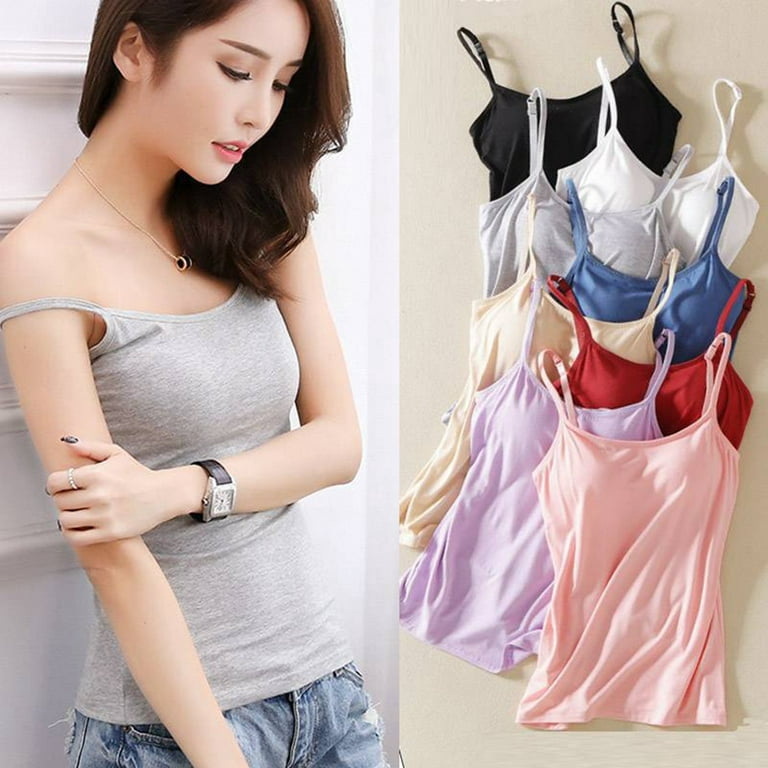 Women Tops Sexy Tank Top Built In Bra Solid Color Camis Female