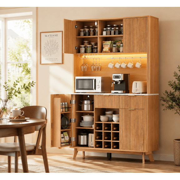 Doyolan Kitchen Storage Pantry Storage Cabinet with Coffee Bar Station, Farmhouse Buffet Sideboard with Wine Rack, Microwave Stand Pantry Organizer with Doors & Adjustable Shelves