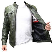 New Men's Genuine Sheep Skin Fashion Leather Jacket Green 2 buttoned chest Pocket