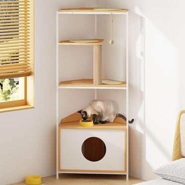 QueelQuest Modern Large Corner Cat Tree Tower with Scratching Post, Cat Tree Condo with Feeding Station and Climbing Platforms for Indoor Cats Multi-Level Cat House with Litter Box Enclosure