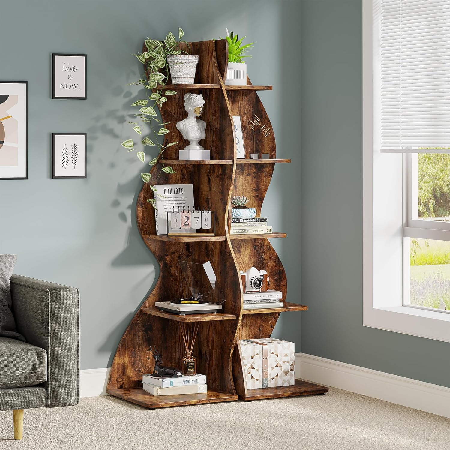 Tribesigns Small Corner Shelf, 5-Tier Modern Corner Bookcase for Small Space, Living Room (Brown)