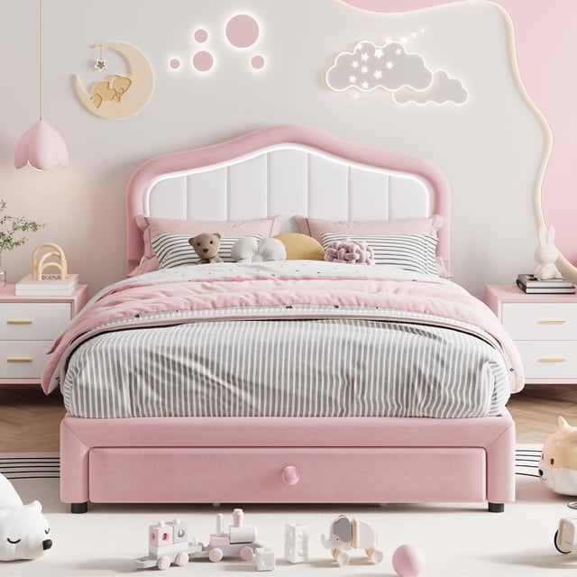 Twin Size UpholsteRed Bed Frame with Storage Drawer and Smart Led Headboard,Platform Bed Frames,Wooden Slats Support,No Box Spring Needed,Easy Assembly,Pink and White