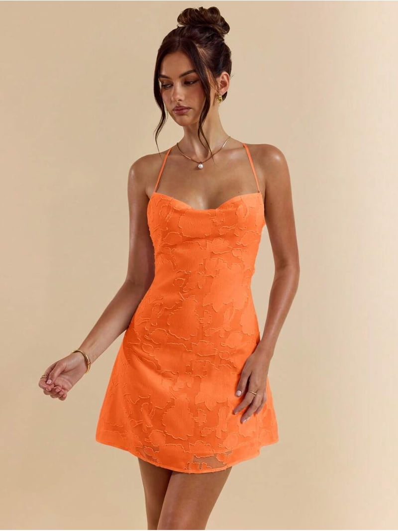 Orange Womens Backless Mini Dress With Cross-Back Tie Straps, Textured A-Line Fit For Party Or Date Night