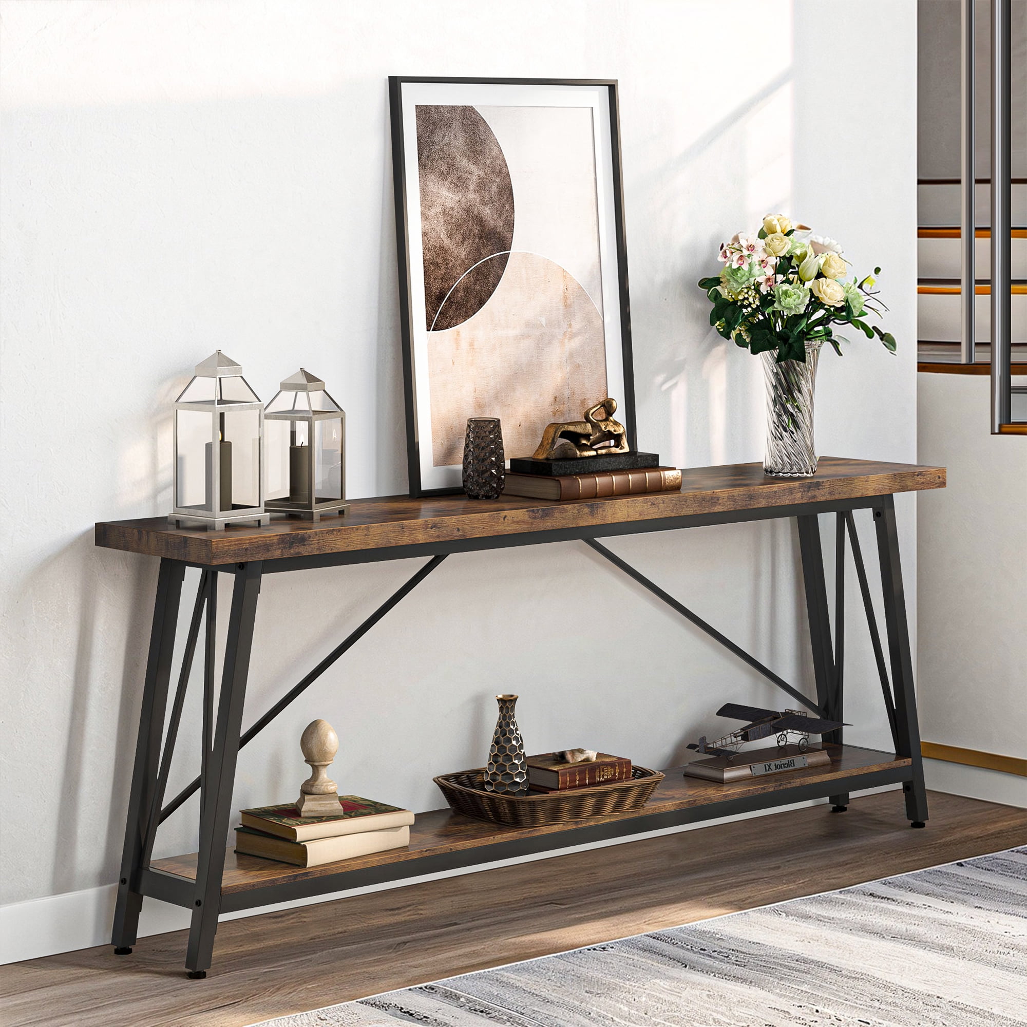 Demi Bonn 70.9" Console Table, Rustic Vintage Narrow Sofa Table for Entryway, Living Room, Hallway, Brown & Black