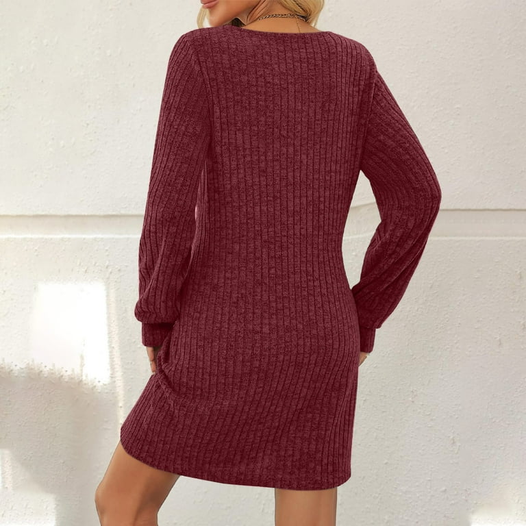 Zebbo Casual Outfits for Women New Women's Long Sleeve Round Neck Pique Ruched Flannel Lace Cut-Out Panel Solid Color Dress Style B-2 Wine S, Size:
