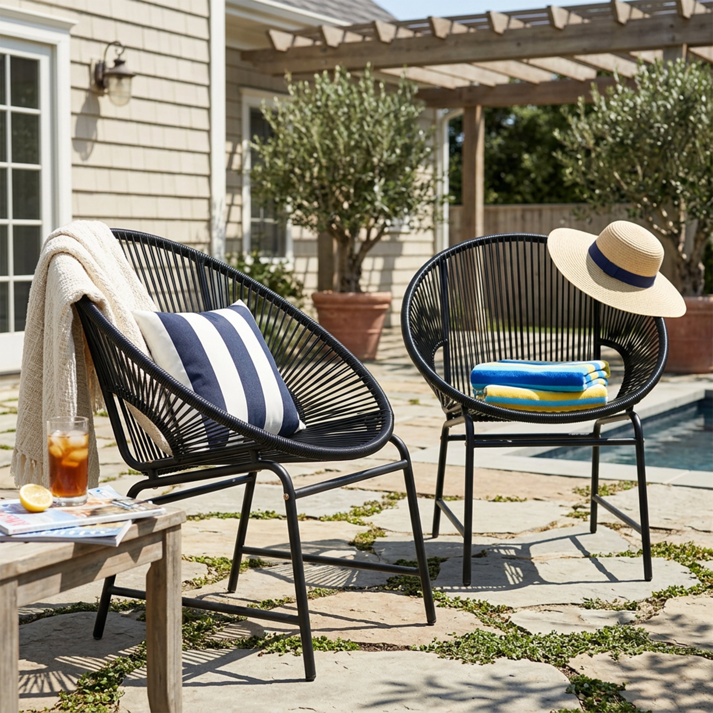 Outdoor PE Rattan Wicker Chairs Set of 2 with Iron Frame for Garden Porch Balcony, Black