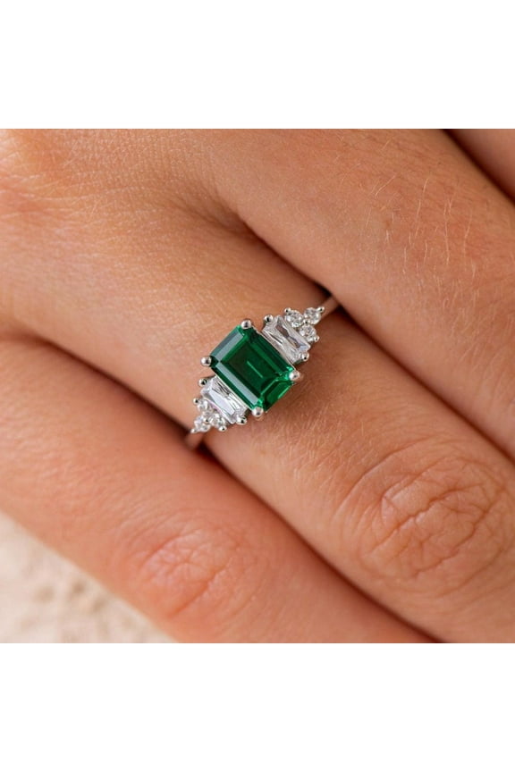 Genuine Emerald Ring, Vintage Emerald Engagement Ring, Green Gemstone May Birthstone Silver Promise Anniversary Gift for Her