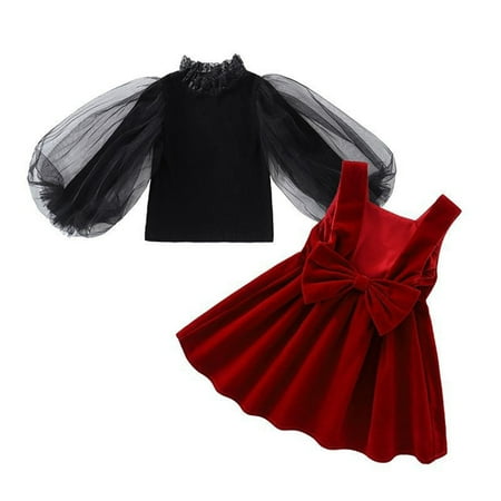 

First Thanksgiving Baby Girl Baby Girl Clothes Toddler Girls Winter Long SleeveBlack Lace Puff Sleeve Top Red Bow Strap Skirt 2PCS Outfits Clothes Set Long Sleeve Shirt Set