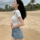 thumbnail image 5 of Camiseta naranja de verano Rimocy con cuello en U para mujer 2022, camiseta coreana de manga corta ajustada para mujer, camiseta de color liso que combina con todo para mujer, 5 of 6