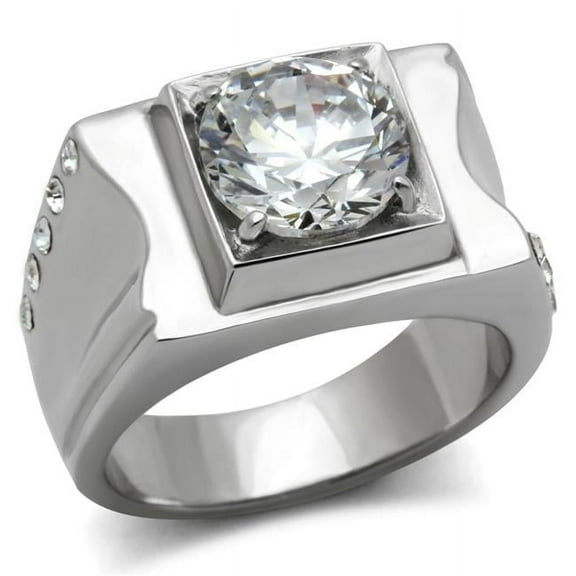 Men High Polished Stainless Steel Ring with AAA Grade CZ in Clear - Size 8
