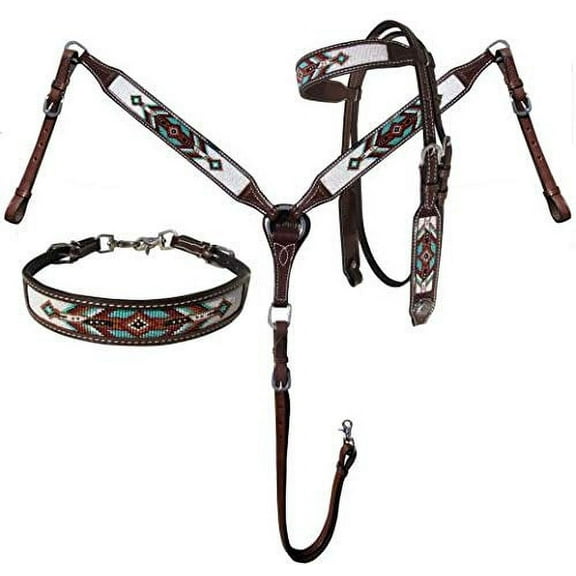 Showman Argentina Cow Leather Headstall & Breast Collar Set w/ Teal Southwest Beaded Inlays