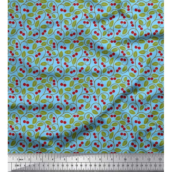 Soimoi Silk Fabric Leaves & Red Berries Fruits Print Fabric by the Yard 42 Inch Wide