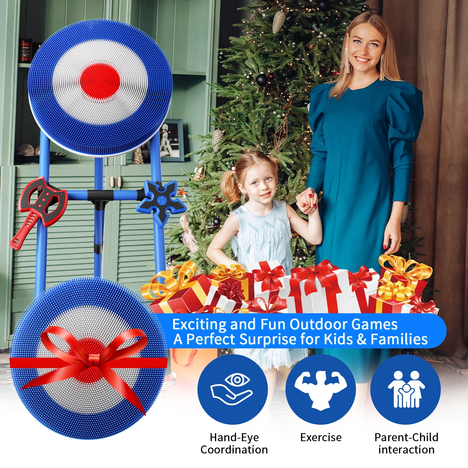 Family Axe Throwing Game with 4 Axes & 4 Darts for Kids & Adults,Axe Throwing Game for Backyard, Indoor &Outdoor,Yard Games,Carnival Games（Blue）