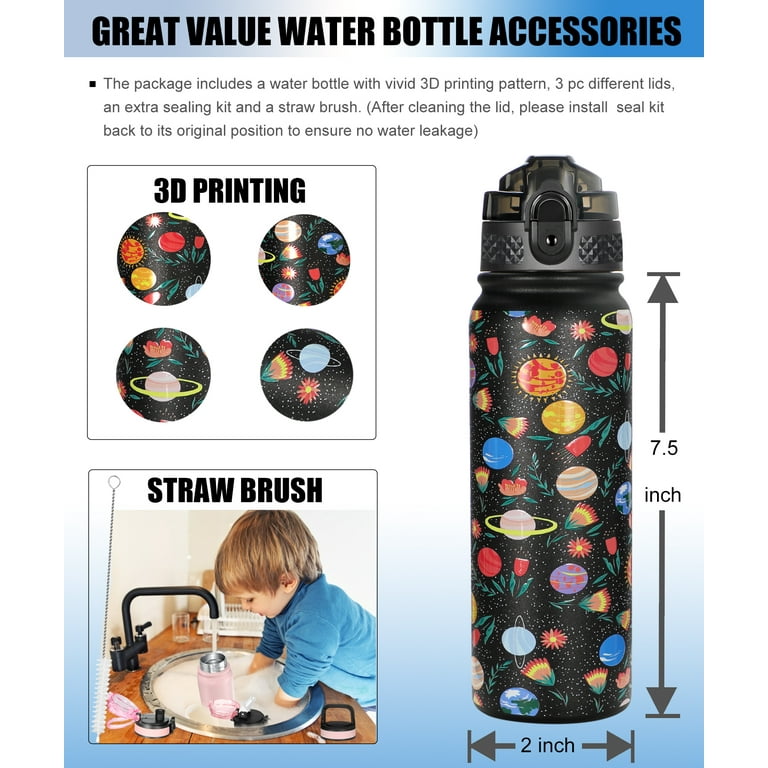 Insulated Water Bottle 20oz Kids Water Bottles with Straw/Chug/Carabiner 3  Lids