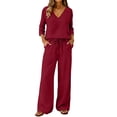 thumbnail image 5 of EaseDay Womens 2 Piece Lounge Pajama Sets Soft 3/4 Sleeve V Neck Tops and Wide Leg Pants Casual Matching Outfits with Pockets Elastic Waist Wine Red, 5 of 8