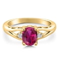 thumbnail image 3 of Gem Stone King 18K Yellow Gold Plated Silver Red Created Ruby and White Lab Grown Diamond 3 Stone Engagement Ring for Women | 1.43 Cttw | Oval 8X6MM | Round 2MM | Gemstone July Birthstone | Size 9, 3 of 6