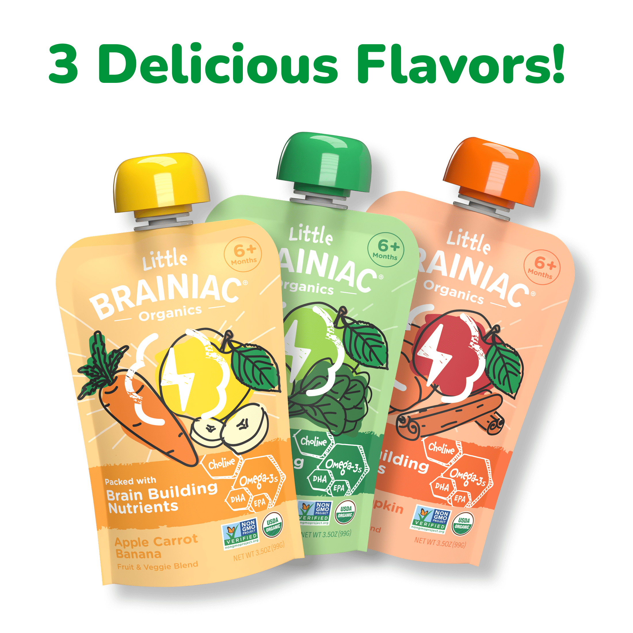 Little Brainiac Organic Fruit & Veggie Baby Food Pouch with Omega-3s, Apple Spinach Pear, 3.5oz, 6ct