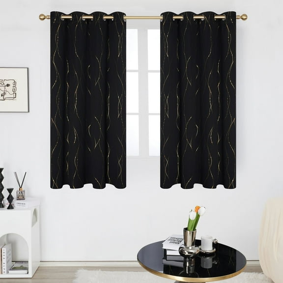 Deconovo Window Curtains Wave Line with Dots Gold Foil Print Design Grommet Blackout Curtains for Kitchen 52 x 45 inch Black 2 Panels