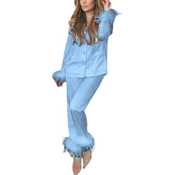 Women Feather Trim Sleepwear Comfy Soft Long Button Down Pjs Set Pajamas Set