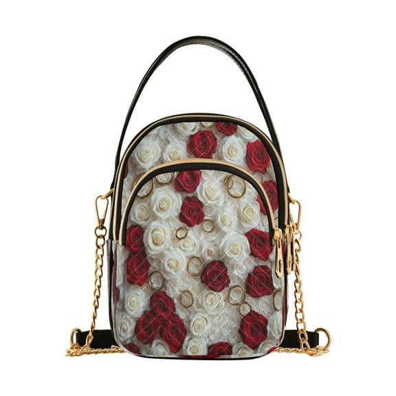 YAZAOO Cross Body Fashion Shoulder Waist Purse Bags Red and White Roses Rings Pocket Handbags