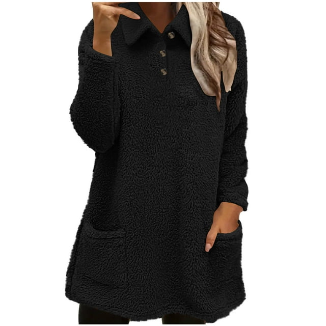 HAiming Hauts en Molleton pour Femmes à Boutons, Manches Longues, Duveteux, Col à Revers, Chandails Mode à Enfiler avec Poche